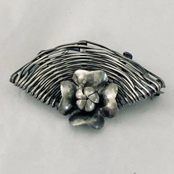 Vintage Sterling Silver BASKET WEAVE Flower Fan Brooch - Picture 1 of 4